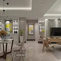 Modern Living and Dining Room Interior With Sofa Dining Table Chandelier Green Plants And Artwork