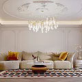 Modern Kitchen and Dining Room Interior With Marble Island Counter Chandelier Cabinets Herringbone Flooring