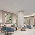 Modern Bright Hotel Lobby Interior With Circular Ceiling Reception Desk And Blue Chairs