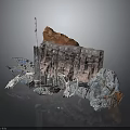 Futuristic Rocky Cliff Scene With Tall Tower And Metal Mechanical Structures