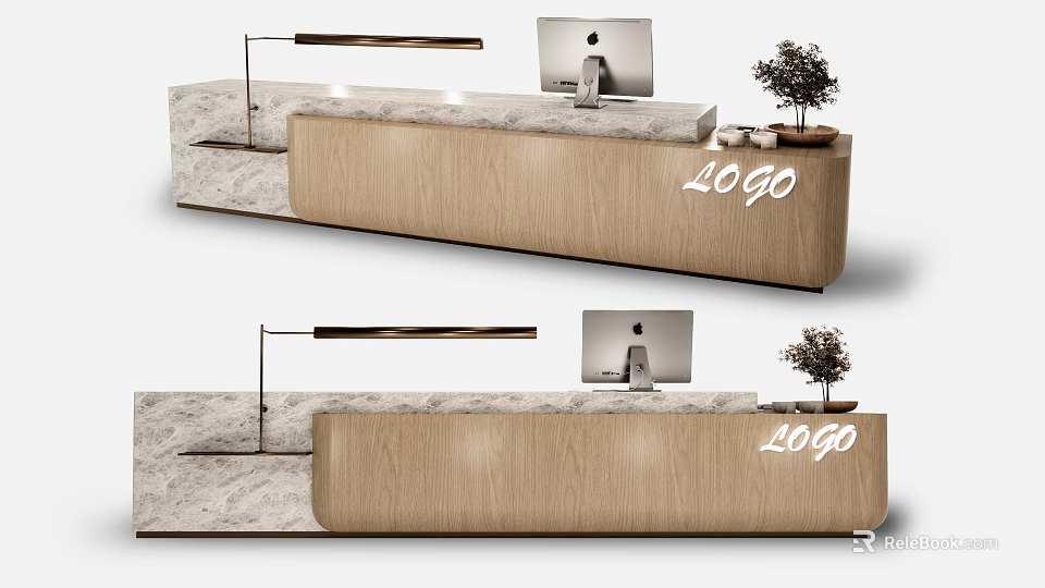 Modern Wooden Reception Desk With Marble Countertop Computer Lamp Small Plant And Logo 3d model 
