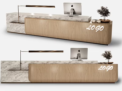 Modern Wooden Reception Desk With Marble Countertop Computer Lamp Small Plant And Logo 3d model