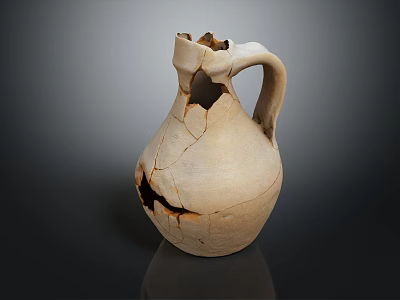 Ancient Cracked Clay Jug With Visible Fractures And Chipped Handle 3d model