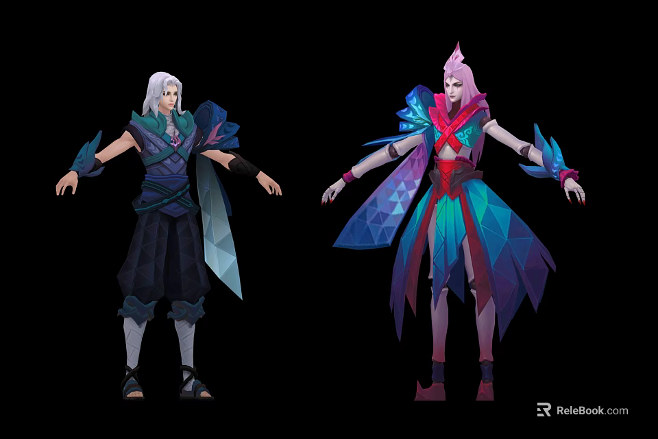 Anime Game Characters And Creatures With White Pink Hair And Colorful Stylized Costumes 3d model 