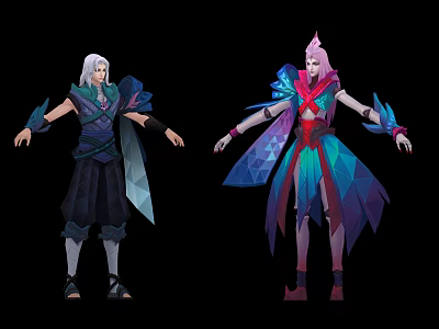 Anime Game Characters And Creatures With White Pink Hair And Colorful Stylized Costumes 3d model
