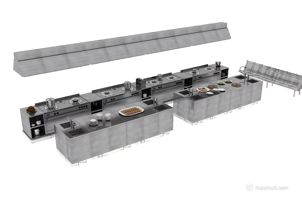 Commercial Kitchen Layout With Stainless Steel Appliances Workstations And Range Hoods 3d model 