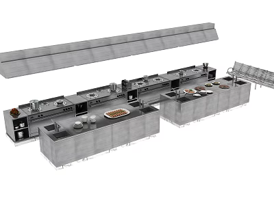 Commercial Kitchen Layout With Stainless Steel Appliances Workstations And Range Hoods 3d model