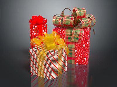 Colorful Gift Boxes With Festive Bows And Striped Plaid Snowflake Wrapping Papers 3d model