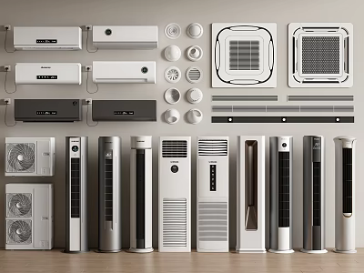 Various Types of Air Conditioner Fans Including Wall Mounted Floor Standing and Built in Designs 3d model