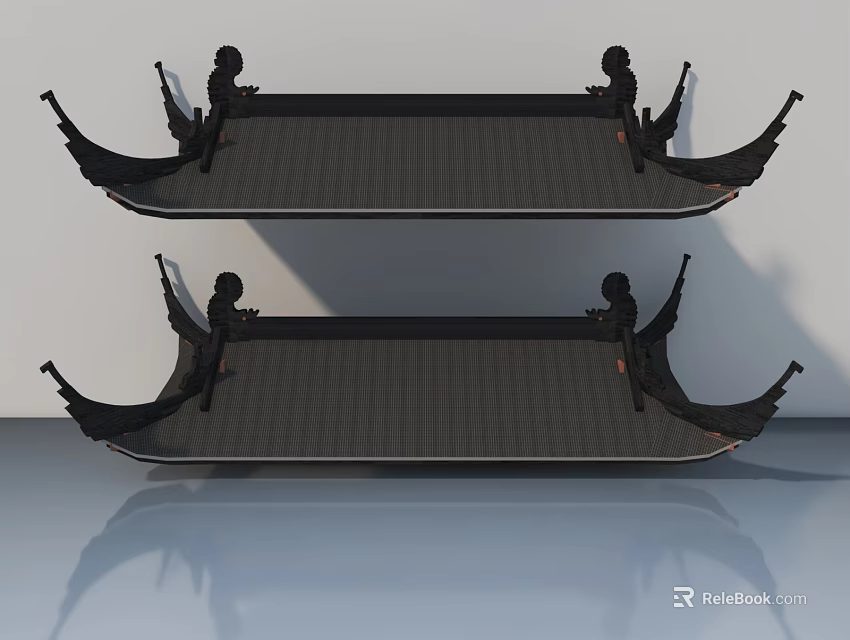 Traditional Style Black Sofa and Coffee Table Set with Decorative Corner Designs on Reflective Floor 3d model 