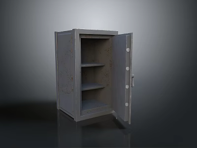 Gray Metal Storage Cabinet With Open Door And Shelves Inside For Home Use 3d model
