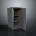 Gray Metal Storage Cabinet With Open Door And Shelves Inside For Home Use