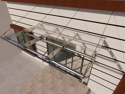 Modern Glass Canopy For Building Entrance With Metal Brackets And White Wall Panels 3d model
