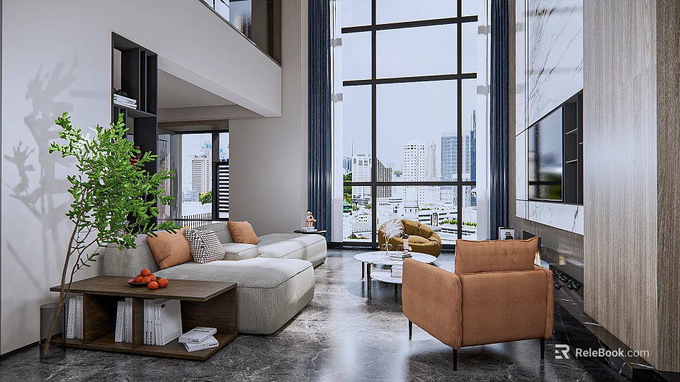 Modern Duplex Living Room Interior With High Ceiling Large Windows And Sofa 3d model 