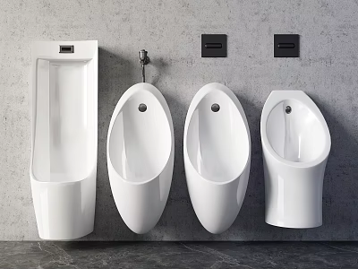 Modern White Ceramic Urinals In Various Designs Mounted On Gray Concrete Wall 3d model