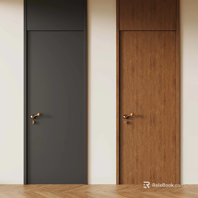Modern Interior Doors With Black And Wooden Panels And Golden Handles 3d model 