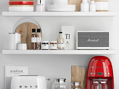 Organized Kitchenware On White Shelves With Red Coffee Maker White Toaster And Wooden Cutting Board 3d model