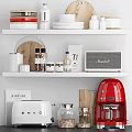 Organized Kitchenware On White Shelves With Red Coffee Maker White Toaster And Wooden Cutting Board