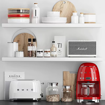 Organized Kitchenware On White Shelves With Red Coffee Maker White Toaster And Wooden Cutting Board 3d model
