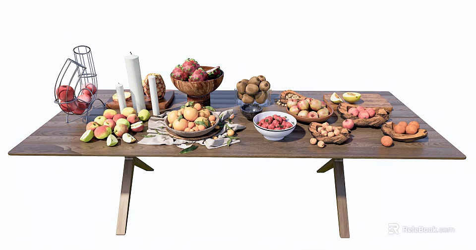 Assorted Fresh Fruits Arranged in Bowls and Baskets on Wooden Table 3d model 