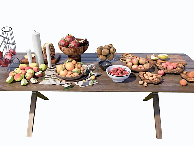 Assorted Fresh Fruits Arranged in Bowls and Baskets on Wooden Table 3d model