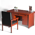 Brown Wooden Office Desk with Two Small Green Plants Sculpture Books and Black Leather Chair