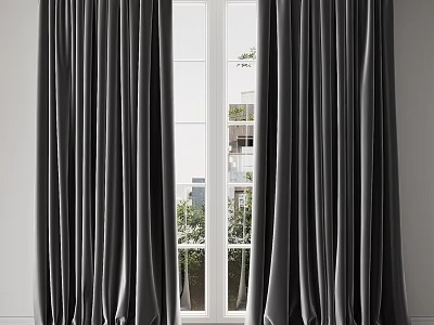 Gray Velvet Curtains Hanging On White Window With City View And Greenery 3d model