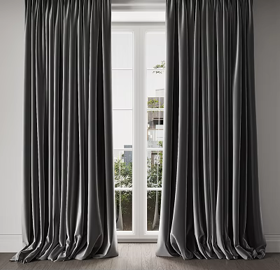 Gray Velvet Curtains Hanging On White Window With City View And Greenery 3d model
