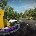 Eco Friendly Parking Lot with Cars Green Shrubs Colorful Ground Designs and Direction Arrows