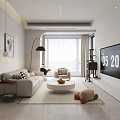 Modern Living Dining Room Interior With Beige Sofa White Coffee Table Floor Lamp And Bookshelf