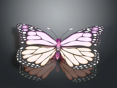Pink and White Butterfly with Black Spots on Wings Against Dark Background and Surface Reflection 3d model