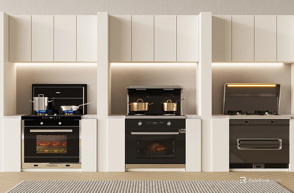 Modern Kitchen With Built in Appliances White Cabinets And Stoves With Pots 3d model 
