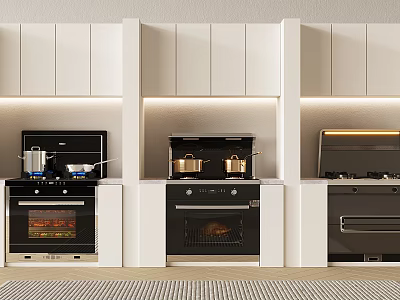 Modern Kitchen With Built in Appliances White Cabinets And Stoves With Pots 3d model