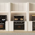 Modern Kitchen With Built in Appliances White Cabinets And Stoves With Pots