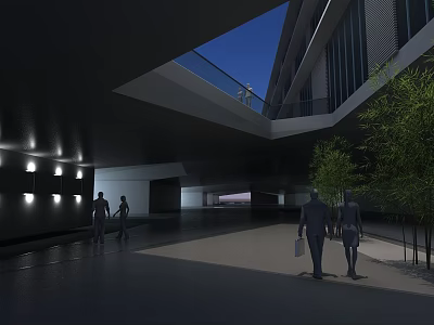 Contemporary Office Building Exterior With Skybridge Illuminated At Evening With Pedestrians And Trees 3d model