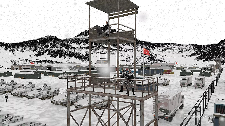 Snowy Mountain Camp Landscape With Watchtower Red Flags And Vehicles On Snowy Ground 3d model 
