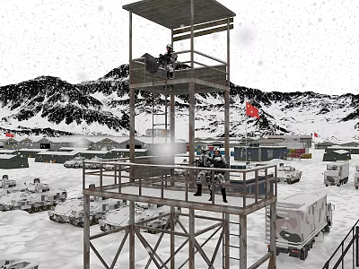 Snowy Mountain Camp Landscape With Watchtower Red Flags And Vehicles On Snowy Ground 3d model