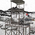 Snowy Mountain Camp Landscape With Watchtower Red Flags And Vehicles On Snowy Ground