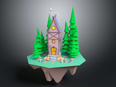 Fairy Tale Small House On Floating Island With Pointed Roof Green Pines And Decorative Steps 3d model