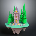 Fairy Tale Small House On Floating Island With Pointed Roof Green Pines And Decorative Steps