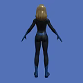 Woman in Black Bodysuit with Blue Gloves Boots and Glowing Chest Emblem Against Blue Background