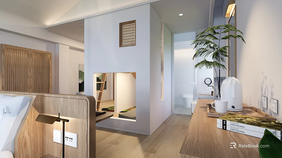 Modern Hotel Guest Room Interior With Wooden Furniture Green Plant And Warm Lighting 3d model 