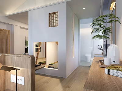 Modern Hotel Guest Room Interior With Wooden Furniture Green Plant And Warm Lighting 3d model