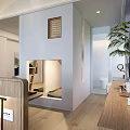 Modern Hotel Guest Room Interior With Wooden Furniture Green Plant And Warm Lighting