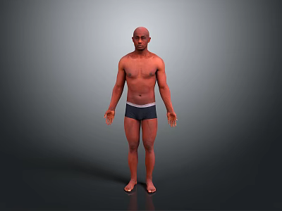 Bald Head Man Standing Shirtless In Dark Shorts On Gray Background 3d model
