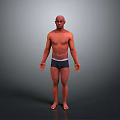 Bald Head Man Standing Shirtless In Dark Shorts On Gray Background