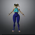 Woman With Pigtails In Blue Top And Blue Tight Pants With Black Wristbands