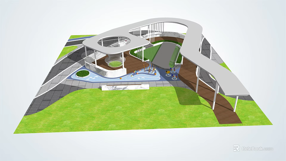 Modern Curved Pergola Design With Green Lawn Walkway And Water Feature 3d model 