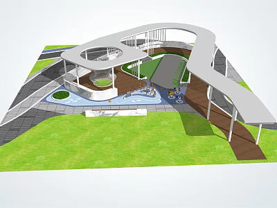 Modern Curved Pergola Design With Green Lawn Walkway And Water Feature 3d model