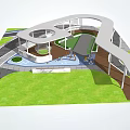 Modern Curved Pergola Design With Green Lawn Walkway And Water Feature